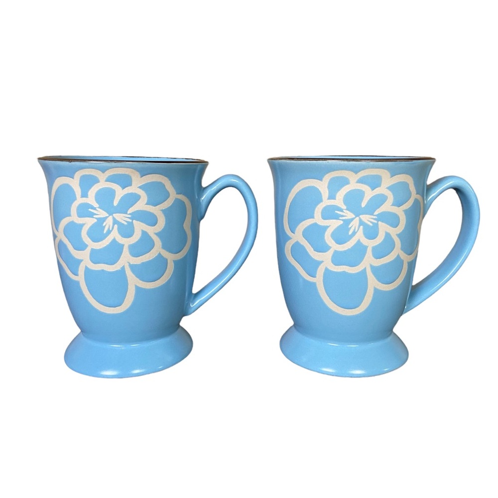 ABBEY HILL Set of 2 Floral Coffee Tea Mugs Cups with Handles Ceramic Blue White